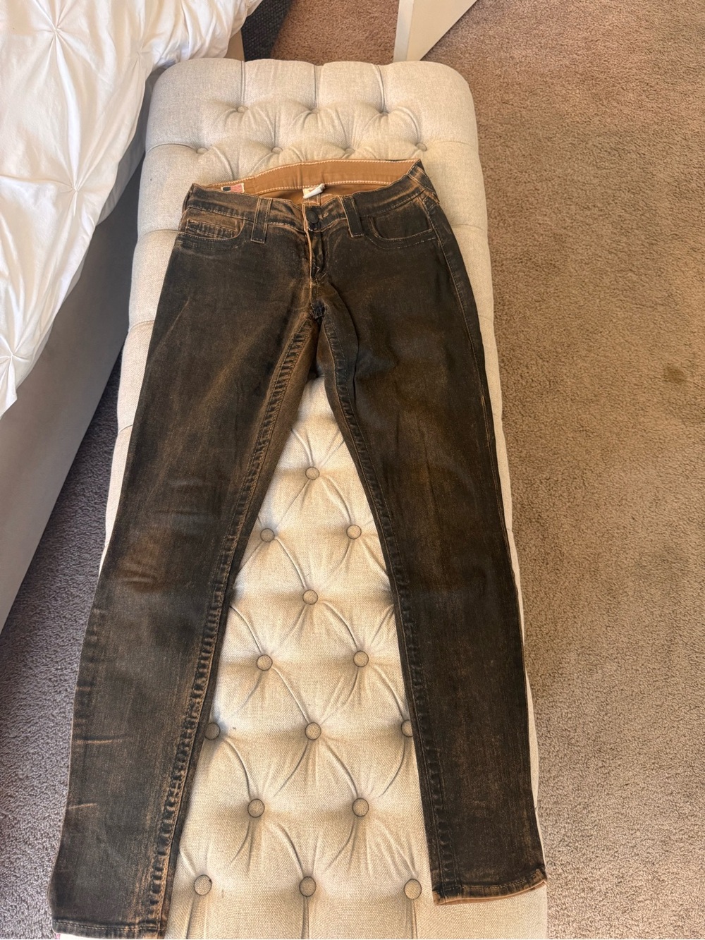 True Religion Wax Coated Low Rise Skinny Jeans in Rare Brown/Black Wash, 26
